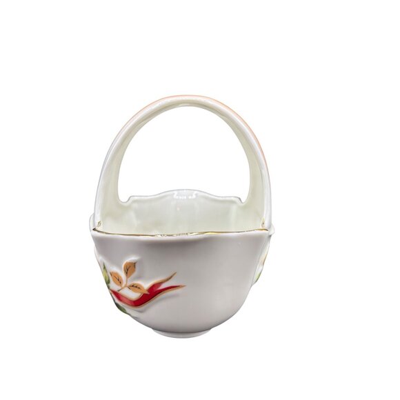 Christmas Porcelain Basket With Red Ribbon Design & Gold Trim Holiday Floral Pat - Picture 4 of 7